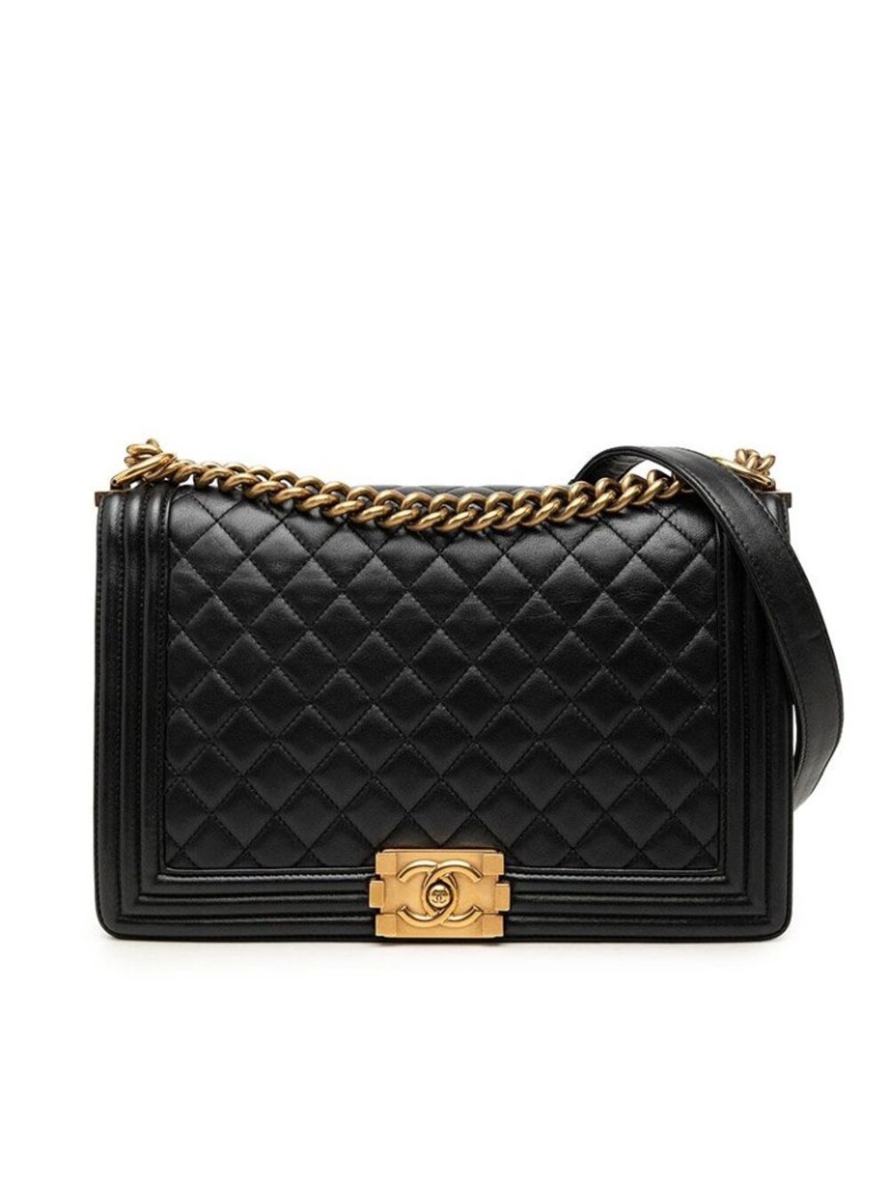 Chanel CC Logo Boy 28 Chain Shoulder Bag Black Gold Lambskin